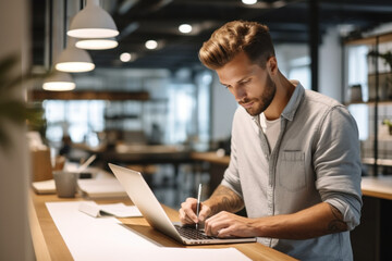 Focused male graphic designer working on laptop in coworking space