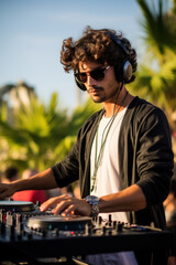 Middle Eastern DJ playing music at a sunny outdoor event