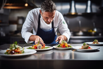 Male chef meticulously plating dish in high-end kitchen