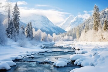 Fototapeta na wymiar a river running through a snow covered forest