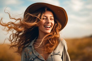 Woman with long hair wearing hat and smiling.