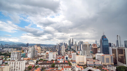 Panorama of the capital of Malaysia, Kuala Lumpur during a rainstorm and thunderclouds. time lapse.