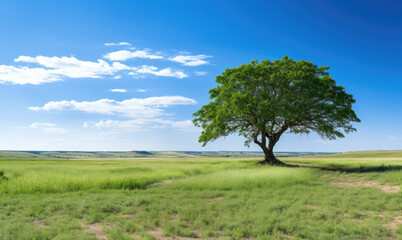 Fototapeta premium endless green meadow, there is one big trees