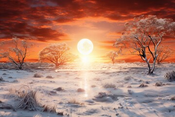 Fototapeta premium a illustration of a sunset in a snowy landscape