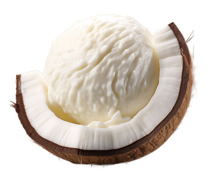 Ice cream Coconut scoop ball in coconut shell cutout on transparent background. advertisement. product presentation. banner, poster, card, t shirt, sticker.