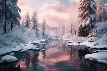 Fototapeta premium a river surrounded by snow covered trees in a forest