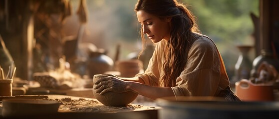 A young woman with long hair is making pottery with her hands, molding a piece of clay. AI generative