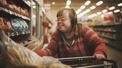 Fototapeta na wymiar Young woman with Down syndrome is shopping at a grocery store. A woman with mental retardation independently replenishes food supplies in a supermarket.