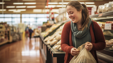 Young woman with Down syndrome is shopping at a grocery store. A woman with mental retardation independently replenishes food supplies in a supermarket. - obrazy, fototapety, plakaty