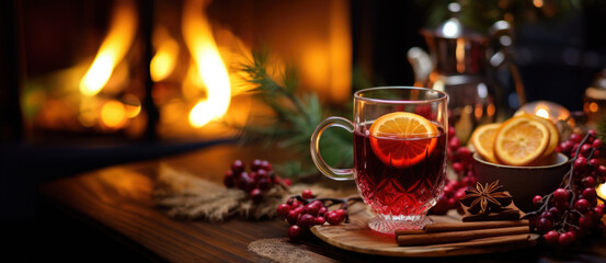 Festive table graced by mulled wine, a cozy and aromatic Christmas drink