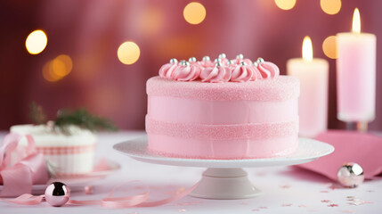 Obraz na płótnie Canvas Pink cake, a whimsical addition to the Christmas table