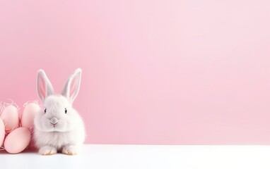 Happy Easter background banner with a bunny on pink background. Decorative eggs, pastel colors, copy space. Spring design for banners, posters, greeting cards, invitations. AI Generative