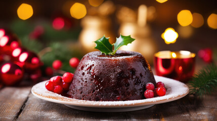 Traditional plum pudding on the festive Christmas table - obrazy, fototapety, plakaty