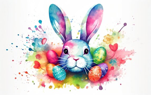 Happy Easter poster. Big colorful rabbit with eggs isolated on white background. Watercolor style illustration, splashes, pastel colors. Design for posters, greeting cards, invitations. AI Generative.