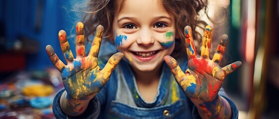 A naughty and happy little girl shows her paint-stained hands. Generative AI