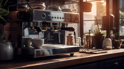 Modern coffee machine on the table in the kitchen. Fresh coffee. On the kitchen table, coffee is prepared for breakfast using a coffee machine. Technology concept.