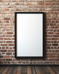 A mock up blank white photo frame lying against a brick wall