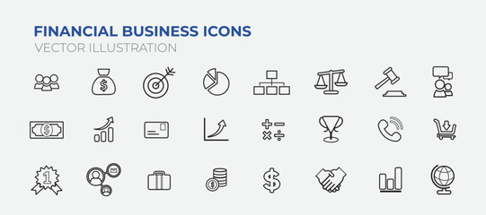 Business and finance web icon set - outline icon collection, Editable stroke. The set contains icons: Investment, Wealth Growth, Gold, Business Strategy, Target, Wealth Insurance, Diamond.
