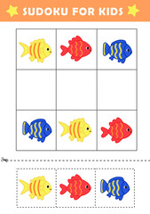 Sudoku logical reasoning activity for kids. Fun sudoku puzzle with cute fish illustration. Children educational activity worksheet.	