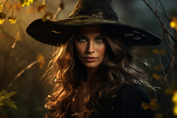 Fototapeta premium AI generated image of beautiful character witch with fire spell on halloween night