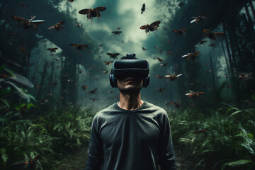Youngster watching 3d object in virtual world fun cheerful vr glasses goggles generative ai