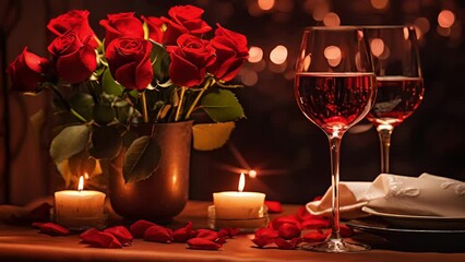 A romantic setting with bouquet of red roses lit candles and two glasses of wine