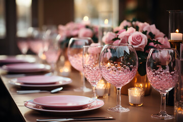 Obraz premium Festive luxury Valentines day or hen party dinner table setting. Served dinner table in pink luxury style. Copy space