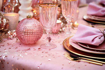 Fototapeta na wymiar Festive luxury Chrismas day dinner table setting for party. Served dinner table in pink luxury style. Copy space