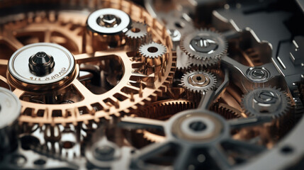 Close-up of a working mechanism consisting of gold and silver metal gears. Metal gears on a dark...