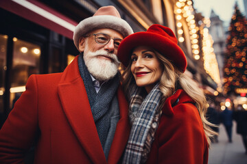 Obraz premium Generative AI portrait of senior handsome couple traveling winter time city christmas advent