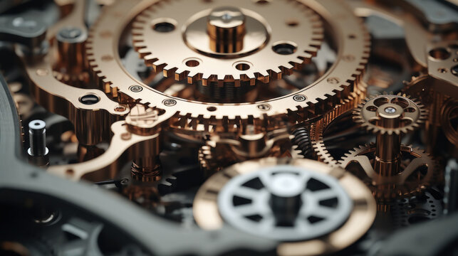 Close-up of a working mechanism consisting of gold and silver metal gears. Metal gears on a dark background. Technology, industry concept.