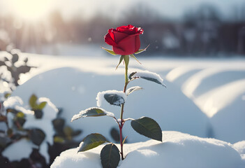 Red rose in winter landscape - 688637262