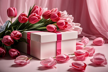 Gift box with a bouquet of pink tulips. Greeting card design for International Women's Day or Mother's Day