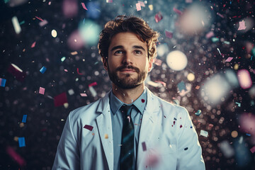 Generated AI image of handsome man doctor celebrate christmas and new year in decorated hospital