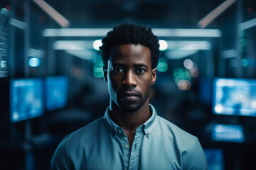 Obraz premium Generative AI portrait of cyberpunk system administrator programmer hacker person