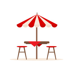 Furniture for summer patio holiday. Restaurant or cafe wooden table with chairs and beach umbrella. Vector illustration isolated on white background