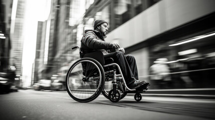 Black and white photo of a disabled man in a wheelchair changing the street outdoors. Disability concept. A disabled man walks alone along a city street. - obrazy, fototapety, plakaty