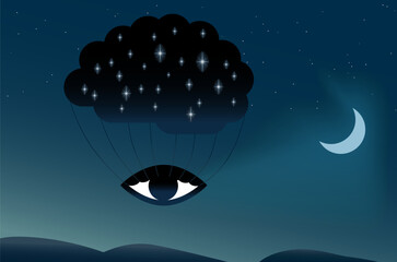 Insomnia, illustrated by image implying brain pulling eyelashes, preventing eye to close with night sky in background. Glowing spots in brain indicate brain's activities.