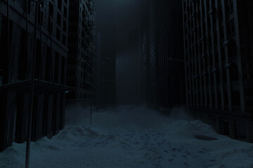 3D rendering of snow covered abandoned city. at night. Image produced without the use of any form of AI software