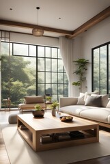 Japanese style living room interior design A comfortable, clean living room with light wood furniture, decorations, and a comfortable and romantic atmosphere.