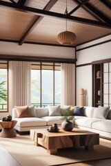 Japanese style living room interior design A comfortable, clean living room with light wood furniture, decorations, and a comfortable and romantic atmosphere.