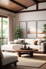 Fototapeta premium Japanese style living room interior design A comfortable, clean living room with light wood furniture, decorations, and a comfortable and romantic atmosphere.