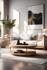 Scandinavian style living room interior design A comfortable, clean living room with light wood furniture, decorations, and a comfortable and romantic atmosphere.