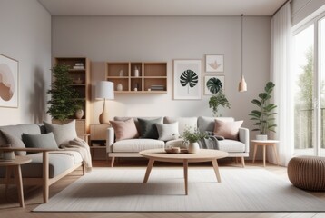 Fototapeta na wymiar Scandinavian style living room interior design A comfortable, clean living room with light wood furniture, decorations, and a comfortable and romantic atmosphere.