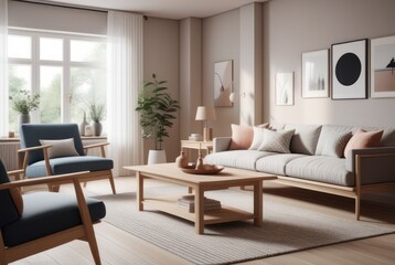 Fototapeta premium Scandinavian style living room interior design A comfortable, clean living room with light wood furniture, decorations, and a comfortable and romantic atmosphere.
