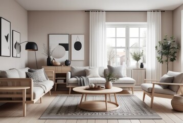 Scandinavian style living room interior design A comfortable, clean living room with light wood furniture, decorations, and a comfortable and romantic atmosphere.