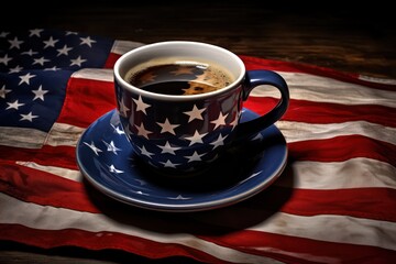 Cup of coffee on background of American flag Generative AI