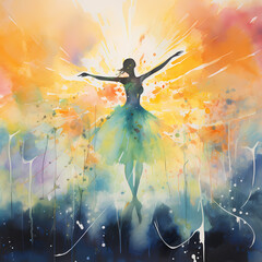 an abstract ballet featuring abstract fireflies with watercolor-inspired strokes and mirage-like distortions