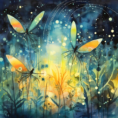 Obraz na płótnie Canvas an abstract mirage featuring fireflies, tribal motifs with watercolor-inspired strokes, and mirage-like distortions