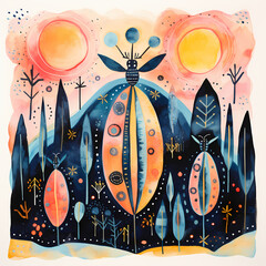 an abstract composition featuring fireflies, tribal motifs with watercolor-inspired strokes during nightfall